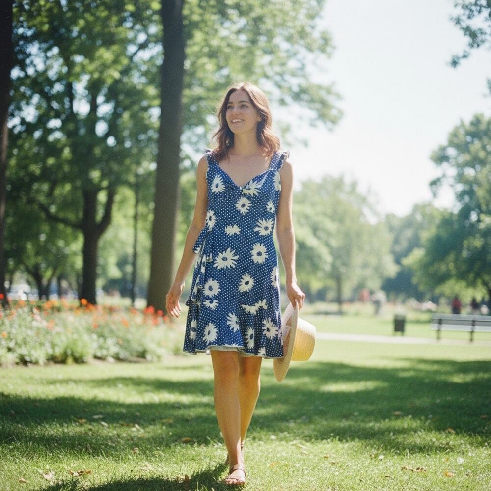 Blue and‎ White Polka Dot Mock Wrap Dress with Flowers Size Small